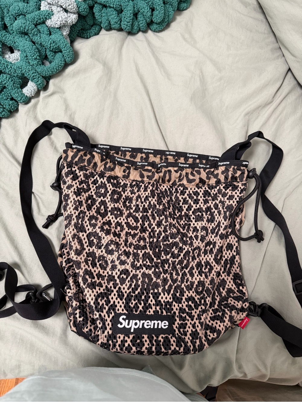 Supreme Mesh small Leopard Print Drawstring Backpack - Tan & Black